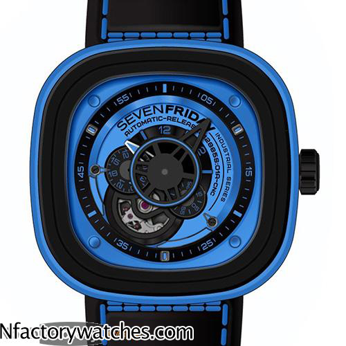 七個星期五 SevenFriday P1/05 藍寶石水晶玻璃 藍色錶帶皮帶 47.5mmx47mmx14.5mm