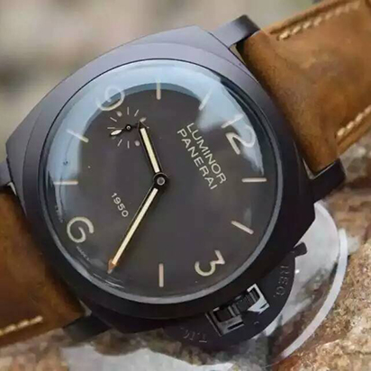沛納海Pam375，亞洲ETA6497手動機芯 不鏽鋼錶圈 礦物水晶 棕色瘋馬皮錶帶