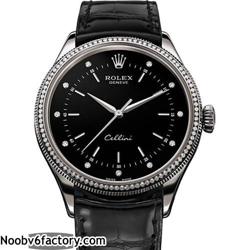 勞力士Rolex cellini 切利尼 50609RBR 鑲鑽 實心316L不鏽鋼 電鍍18K玫瑰金 藍寶石水晶玻璃 黑色牛皮錶帶